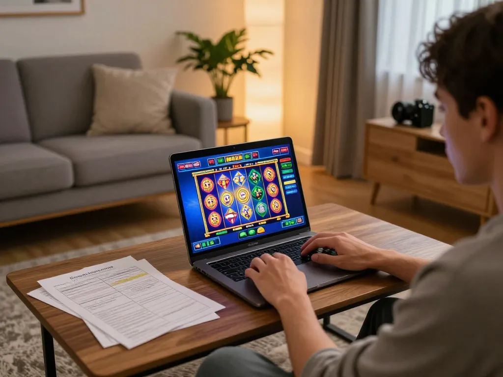 Person playing slot games on laptop at home, showcasing vibrant online casino experience in cozy living room