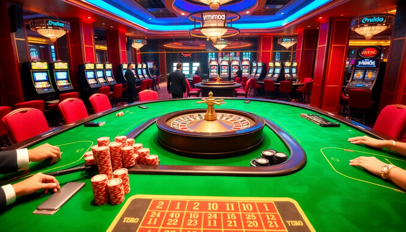 Experience exciting gameplay with mmoo at a professional casino table filled with vibrant chips and a roulette wheel.