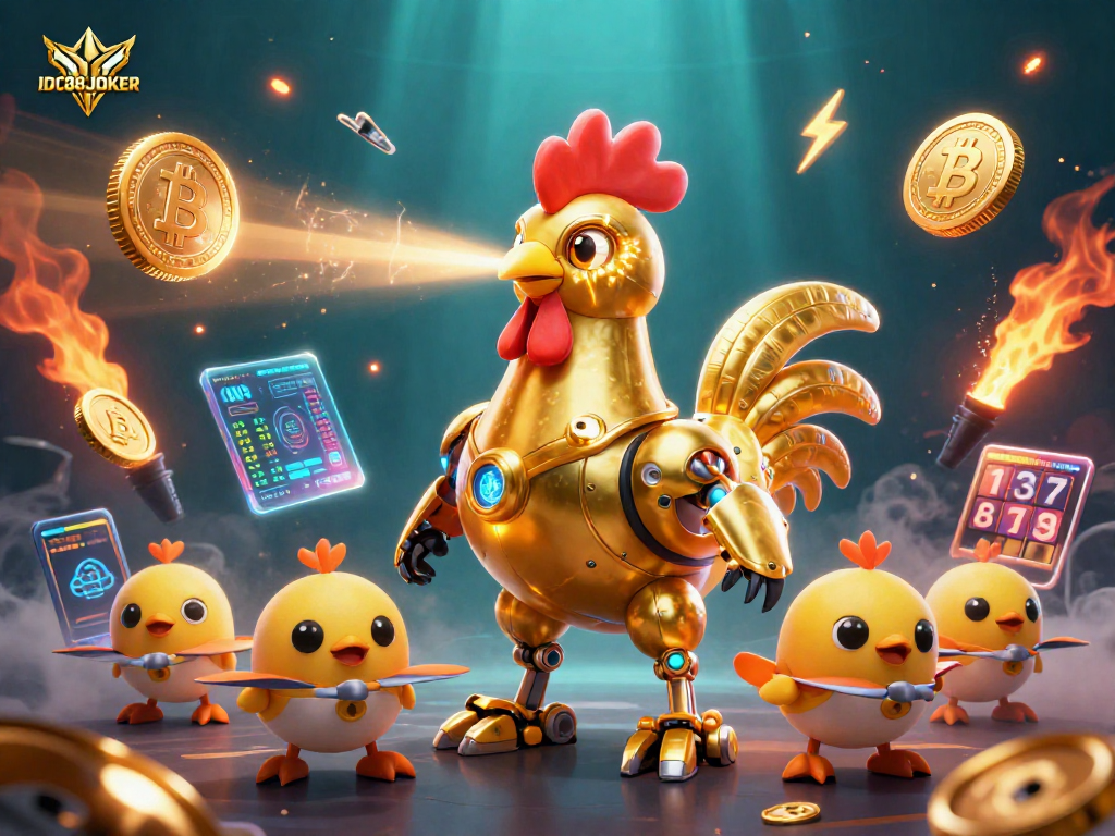 Experience thrilling gaming with IDC88JOKER's animated golden rooster and crypto elements in dynamic casino action