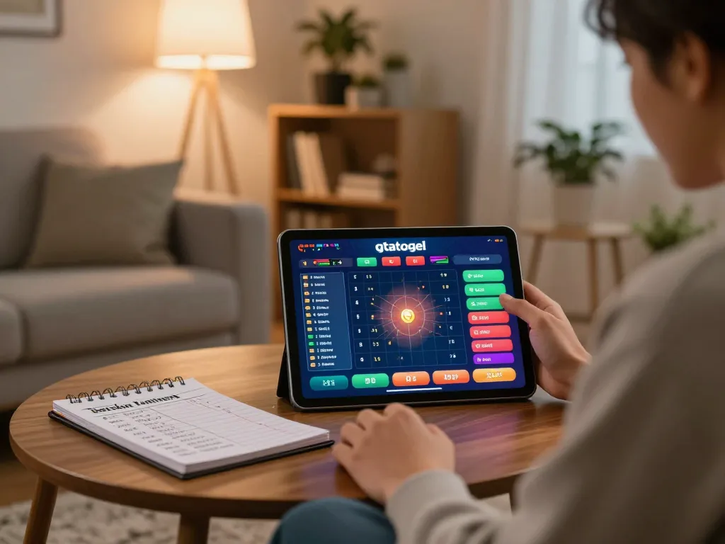 Engaging online betting scene showing gtatogel predictions on a tablet in a cozy living room.