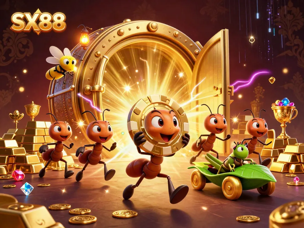 Experience the thrill of SX88 with a 3D heist scene featuring ants and treasures.