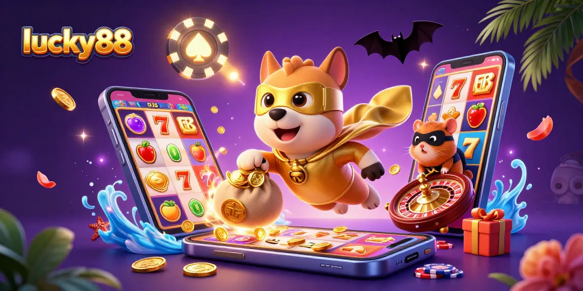 Spin to win with lucky88 as the 3D superhero dog and hamster celebrate casino riches.