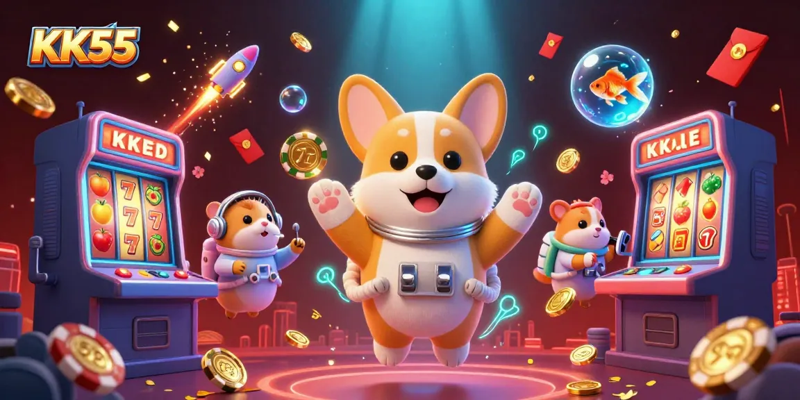 KK55 presents a vibrant 3D casino scene with a floating astronaut corgi and interactive slot machines.