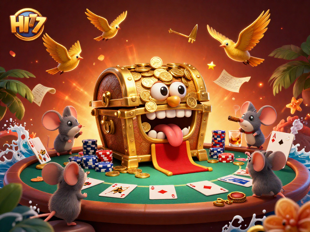 Experience thrilling gameplay with HI77 as adventurer mice discover riches within a treasure chest at an action-packed poker scene.