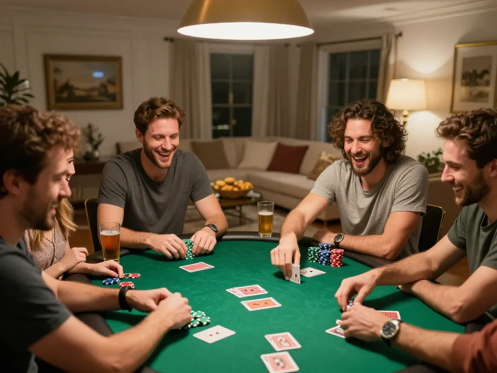 Rokok88 players celebrating a winning hand during a cozy home poker night, chips and cards in focus, warm ambiance.