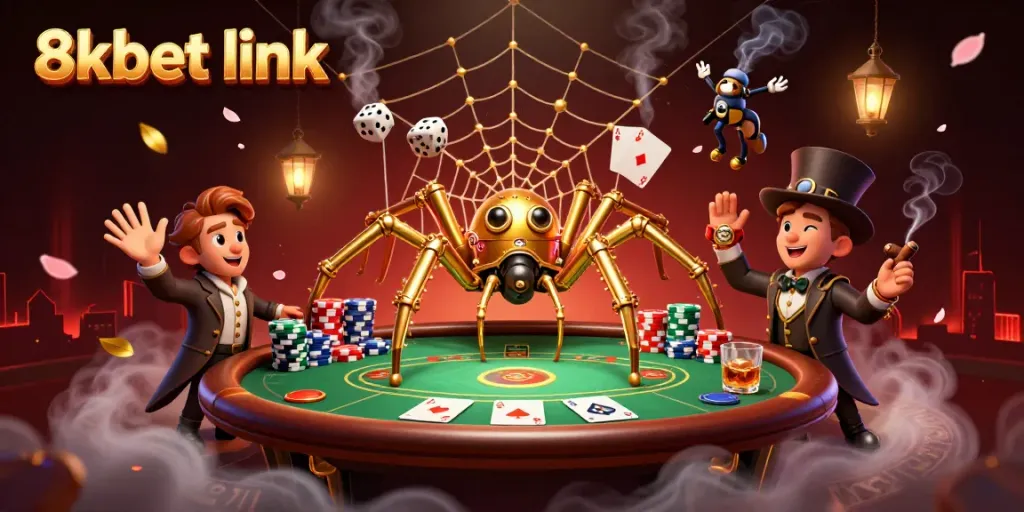 Engage with the thrilling atmosphere of 8xbet link, showcasing a steampunk spider capturing dice in a golden web.