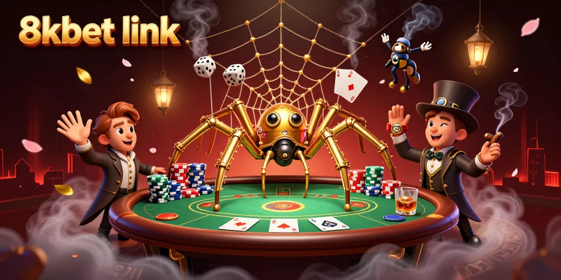 Engage with the thrilling atmosphere of 8xbet link, showcasing a steampunk spider capturing dice in a golden web.
