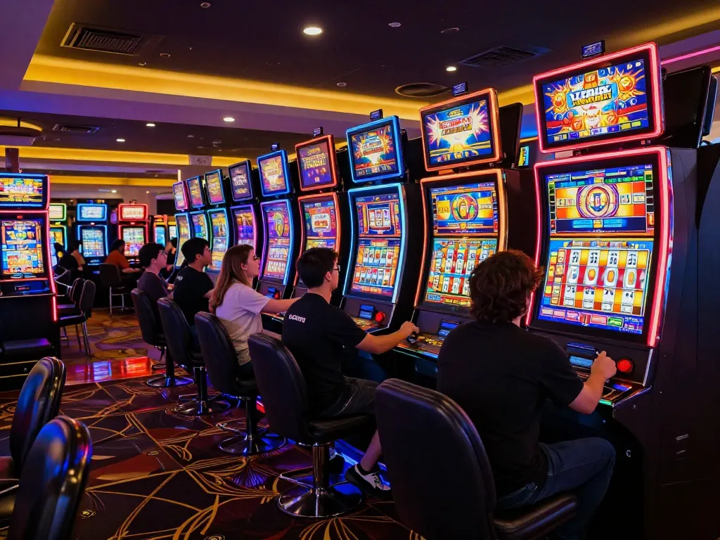 Pemain yang bersemangat berinteraksi dengan mesin slot berwarna-warni di lingkungan kasino yang hidup