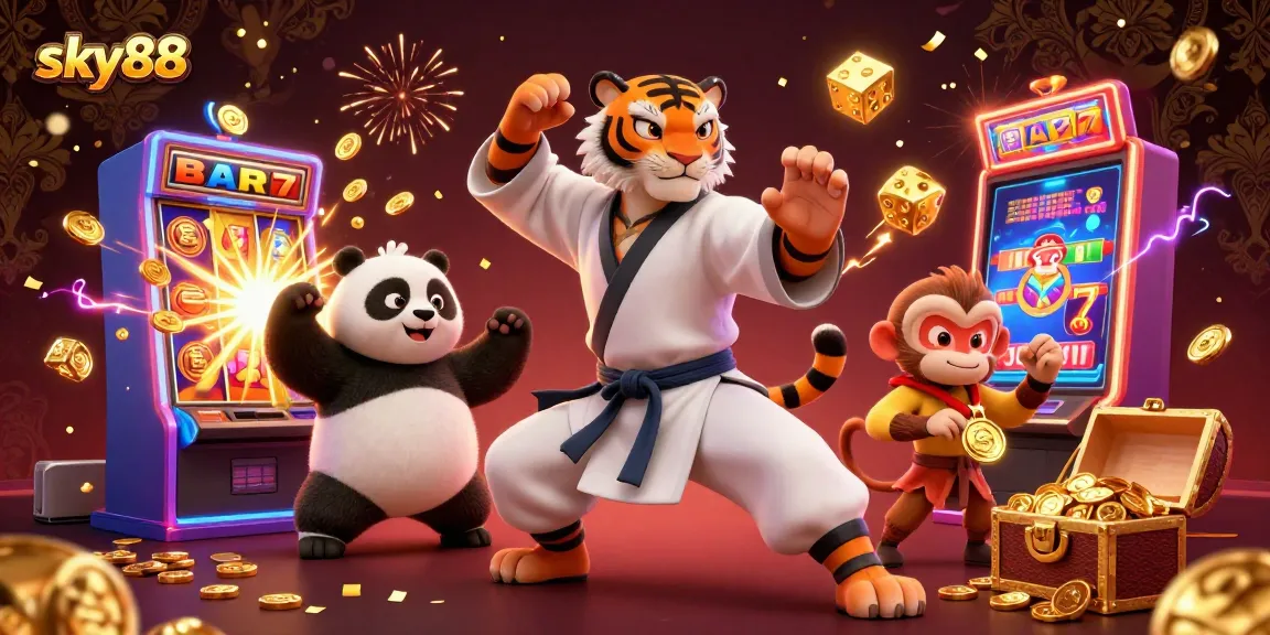 Sky88's vibrant casino illustration with kung fu elements and jackpot excitement.