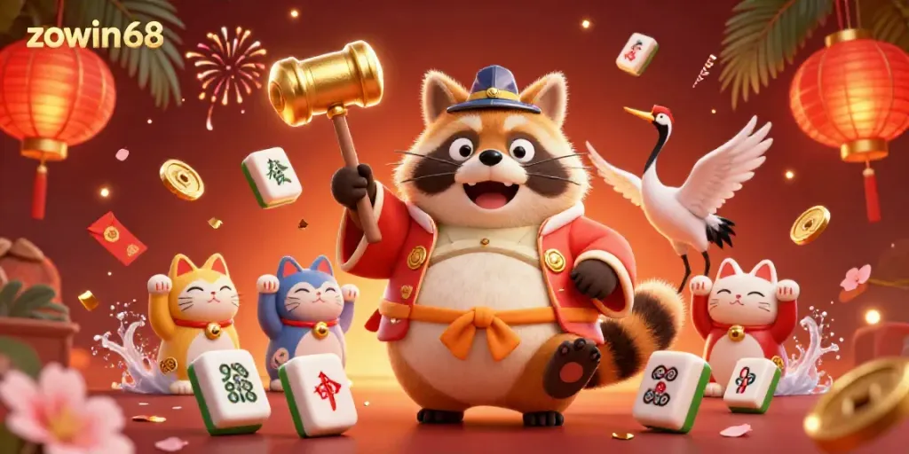 Zowin68's vibrant casino-themed scene featuring a cheerful tanuki and lucky symbols in a festival setup.