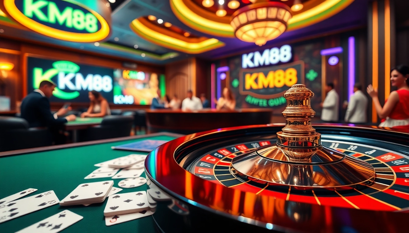 Experience thrilling gameplay at KM88 as players engage with vibrant roulette wheels and stylish poker chips.