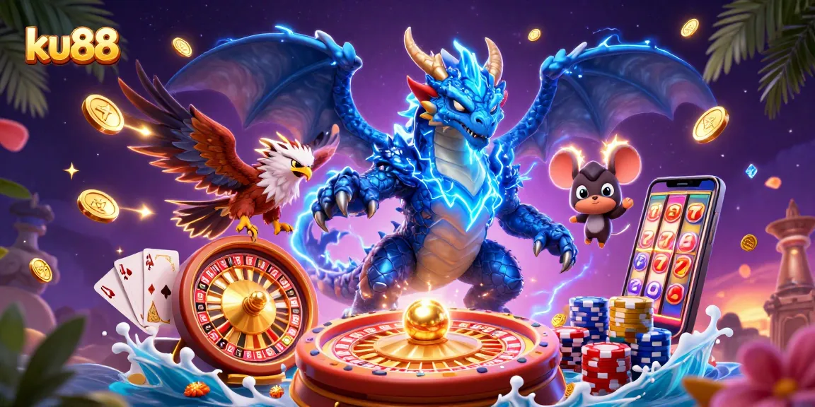 Experience the excitement of ku88 with a captivating illustration featuring dynamic casino elements.