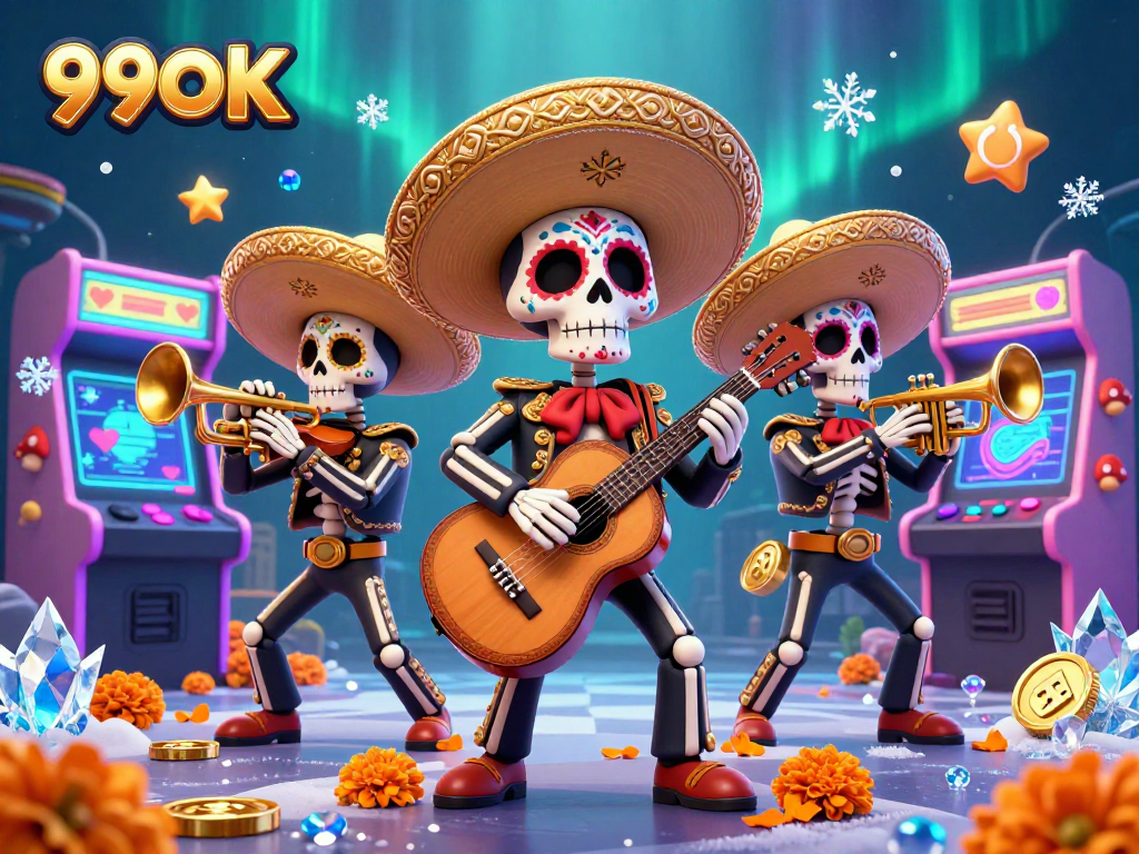 Immerse in 99OK’s colorful 3D representation featuring a mariachi band and gaming elements, enhancing your casino experience.