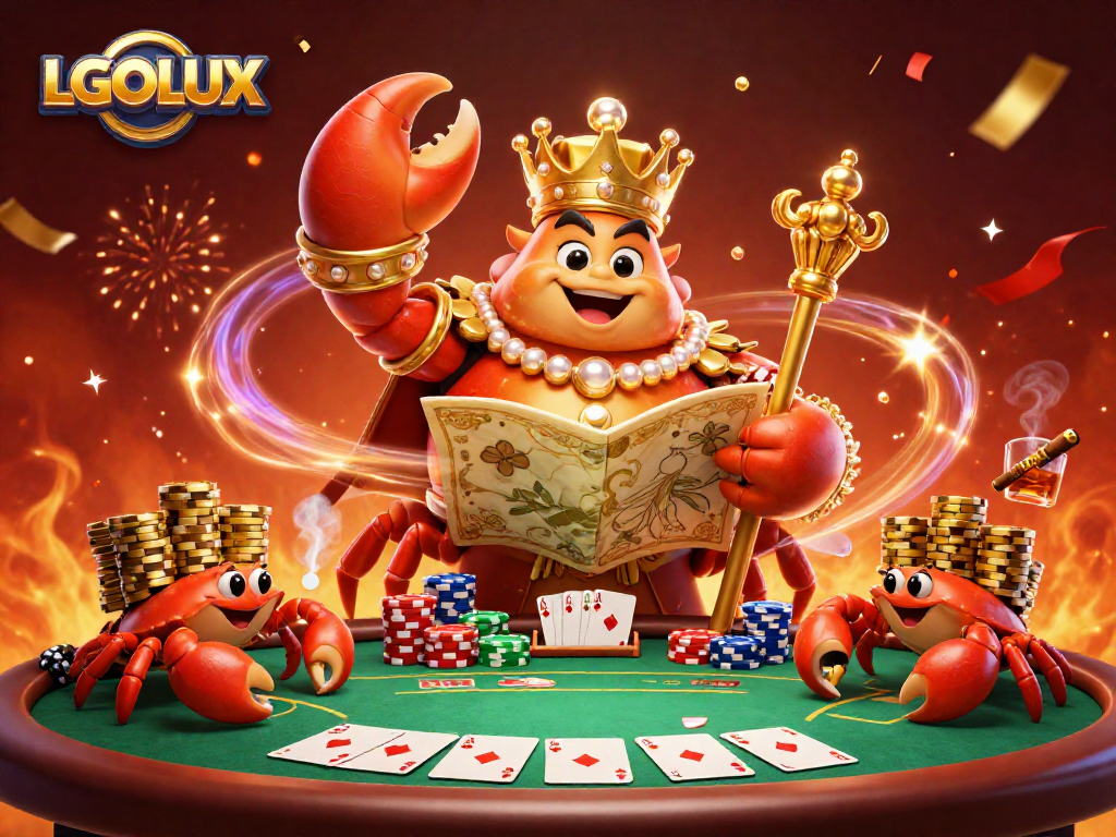Experience LGOLUX with a vibrant casino scene featuring a golden crab emperor amidst poker excitement.