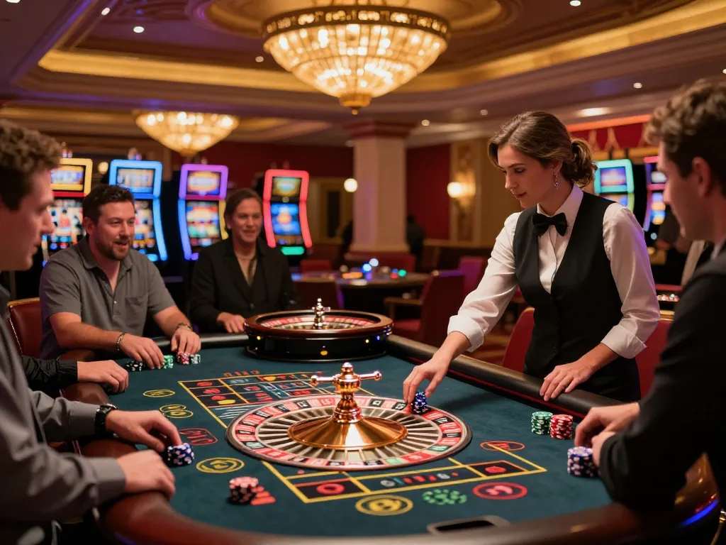 Players engaging in strategic bets on TR88 roulette table in a luxurious Las Vegas casino, vibrant atmosphere.
