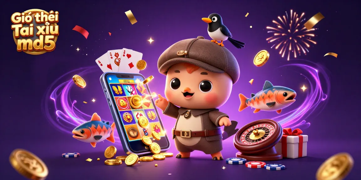 Engage in Giới thiệu Tài xỉu md5 with vibrant casino elements and playful characters in a dynamic 3D scene.