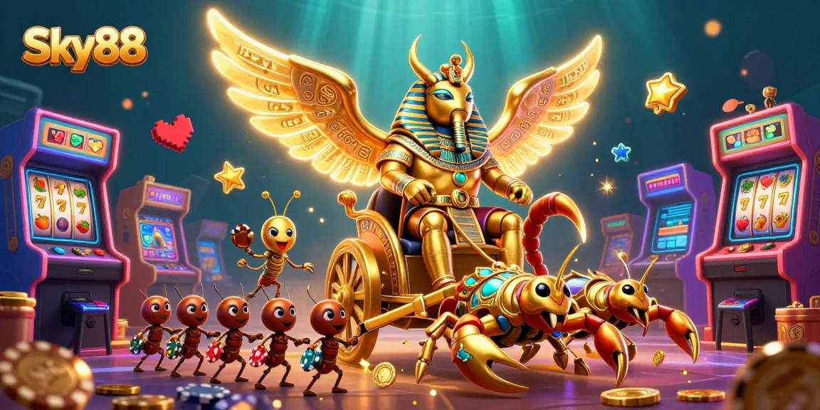 Experience thrilling gameplay at Sky88 with a golden scarab beetle and dynamic casino elements.