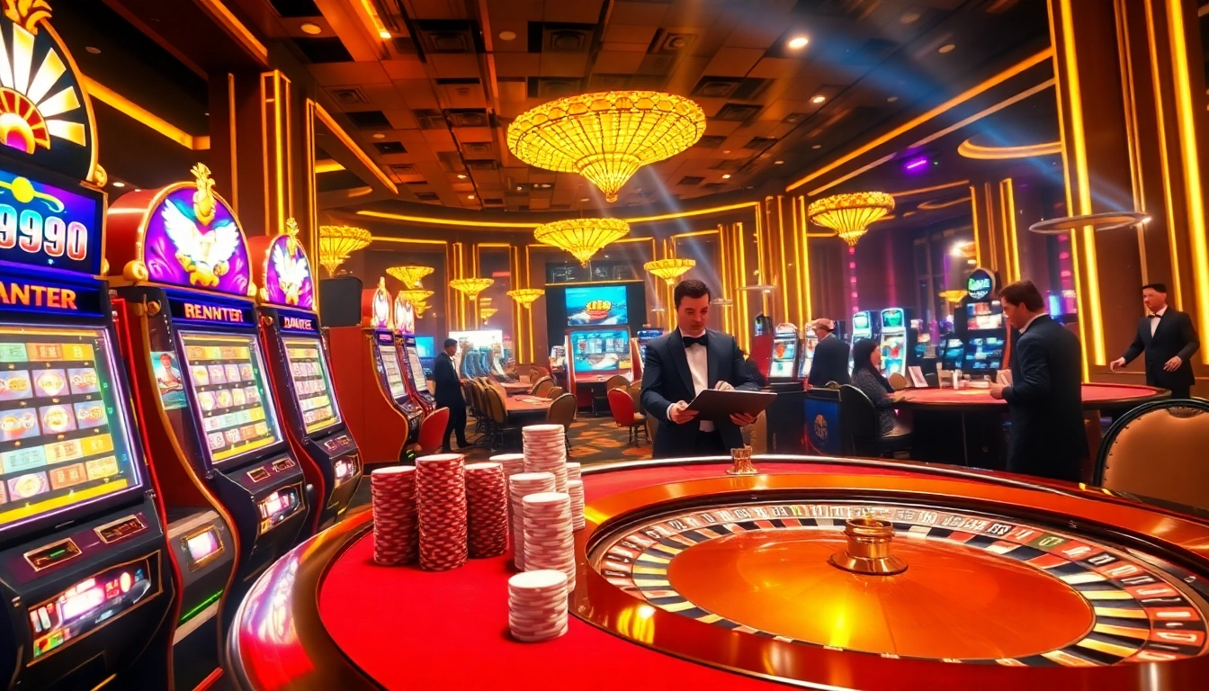 Naga99 players engaging in an exciting casino game environment with vibrant slot machines and poker tables.