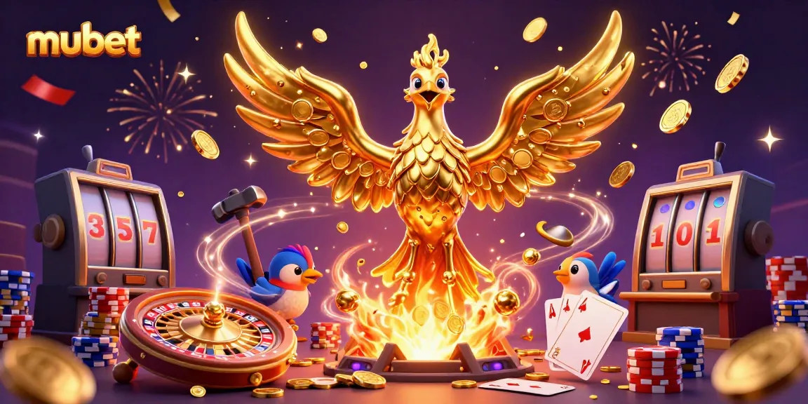 Experience thrilling casino adventures with 'mubet' in this vibrant 3D illustration of a phoenix and assistant characters.