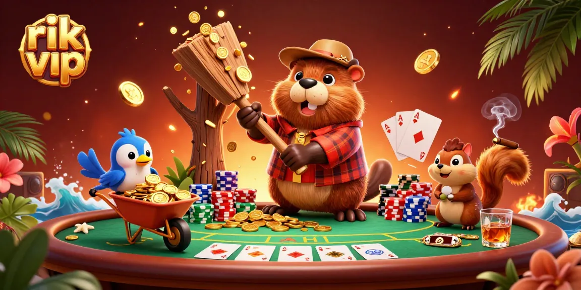 Experience exciting gameplay with rik vip, featuring a beaver and friends collecting gold in a vibrant casino setting.