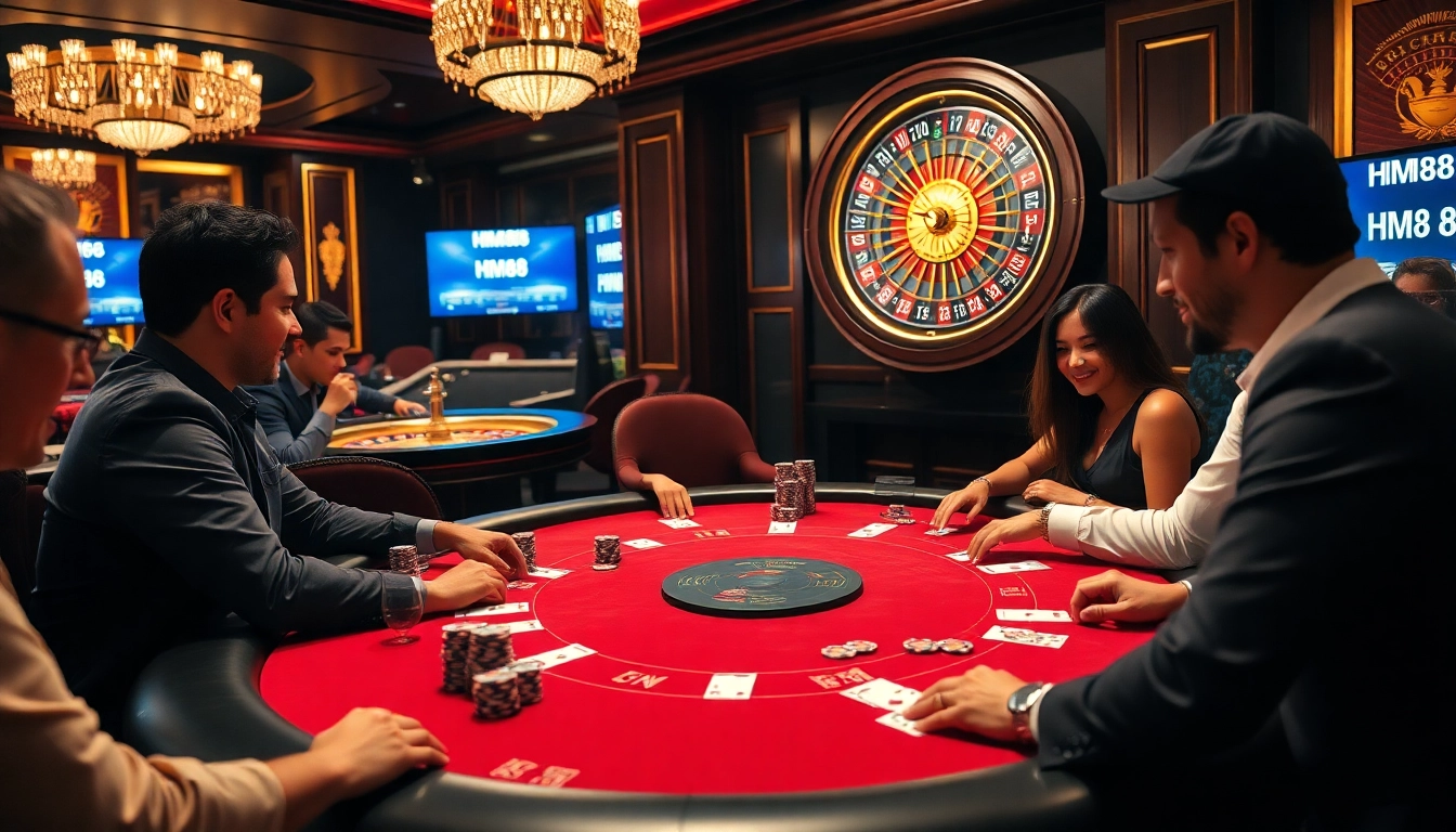 HM88 players enjoying an exciting poker game at a luxurious casino table.