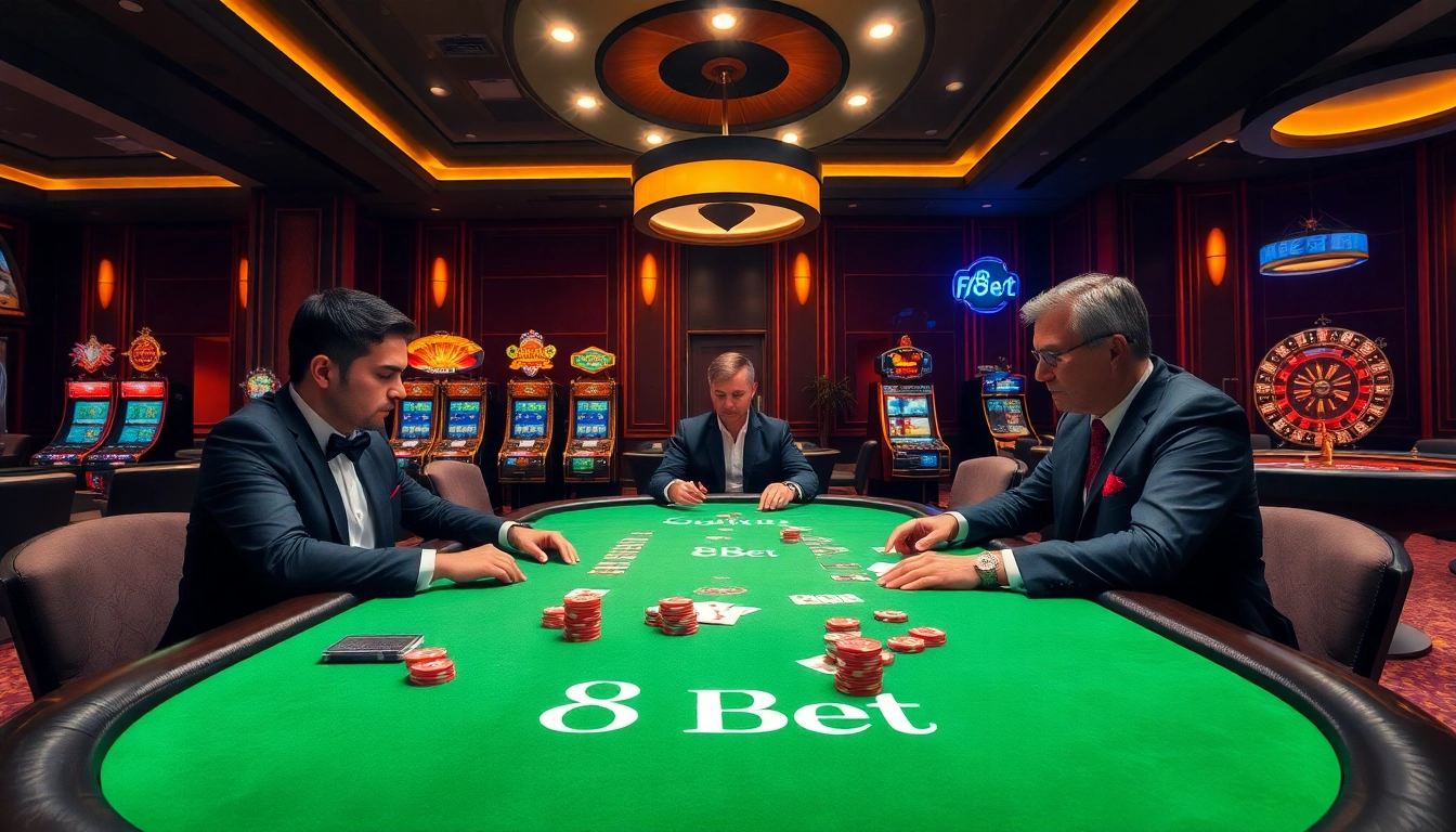 F8Bet players engaging intensely in a high-stakes poker game at a luxurious casino table.