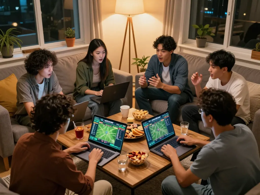 SOCOLIVE users engaging in an online sports betting session in a cozy home setting.