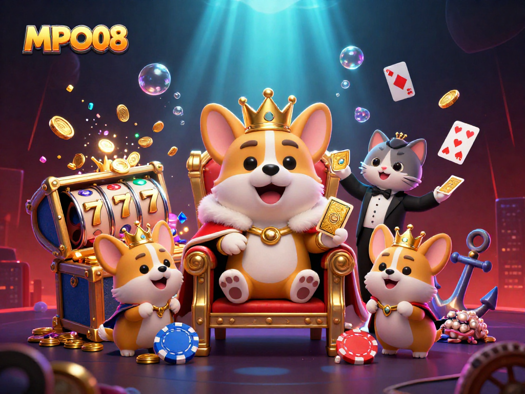 MPO08 features a royal corgi on a poker chip throne, highlighting exciting slot elements and vibrant underwater treasures.