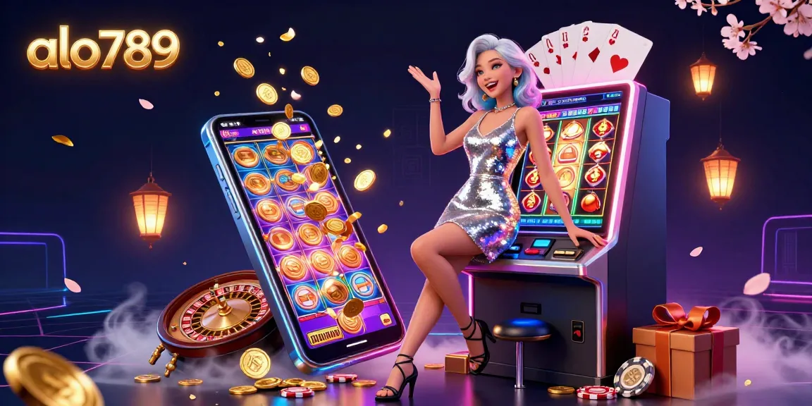 Alo789 celebrates a jackpot with a stunning Asian woman at a vibrant casino themed scene filled with games and excitement.