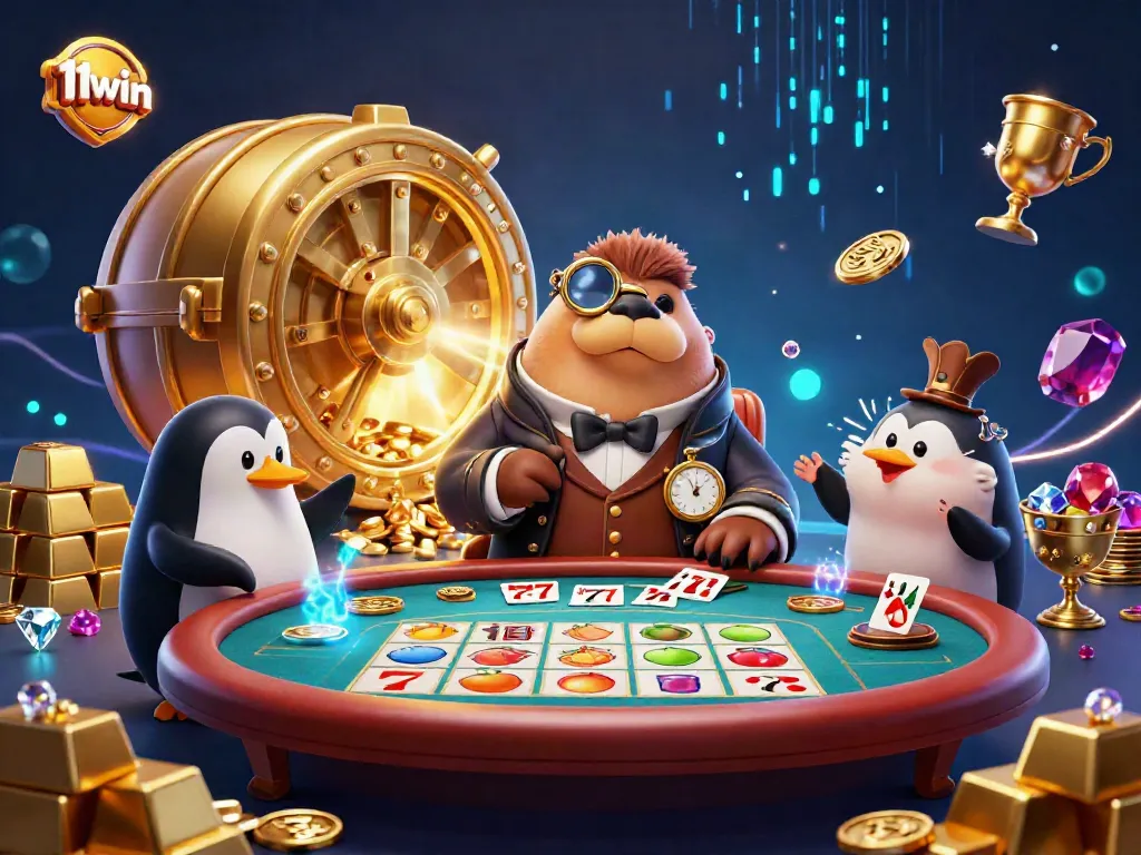 Experience thrilling gambling moments at 11win with a jolly walrus playing poker underwater amidst gold treasures.