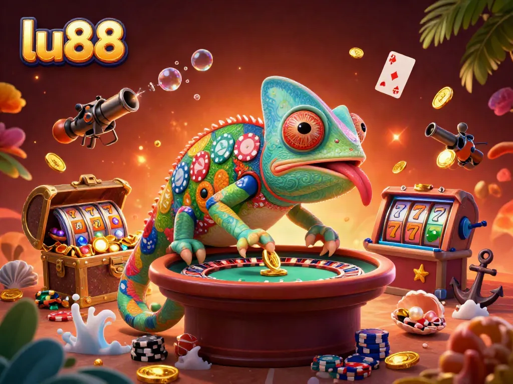 Experience the vibrant casino world at lu88 with a dynamic chameleon owner amidst slot reels, treasure, and colorful gems.