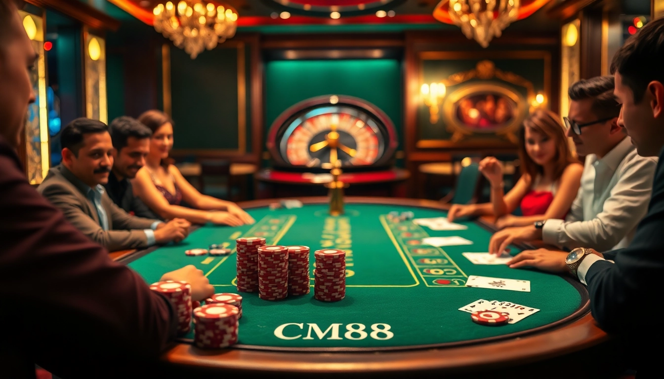 Experience the excitement of CM88 at a luxurious poker table surrounded by engaged players.