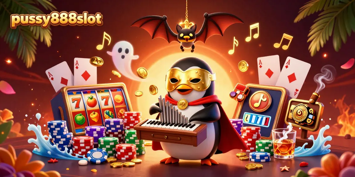 Pussy888slot showcases a vivid 3D scene with a penguin playing slots, surrounded by colorful casino elements.