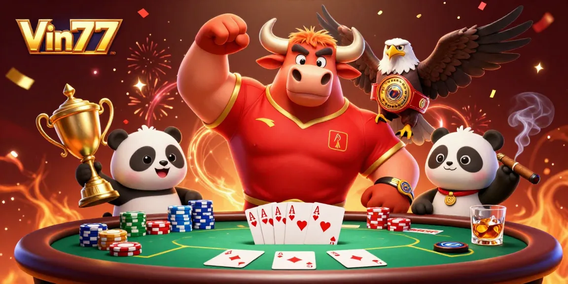 Action-packed Vin777 scene featuring a bull mascot, eagle belt champion, and trophy panda amid poker excitement.