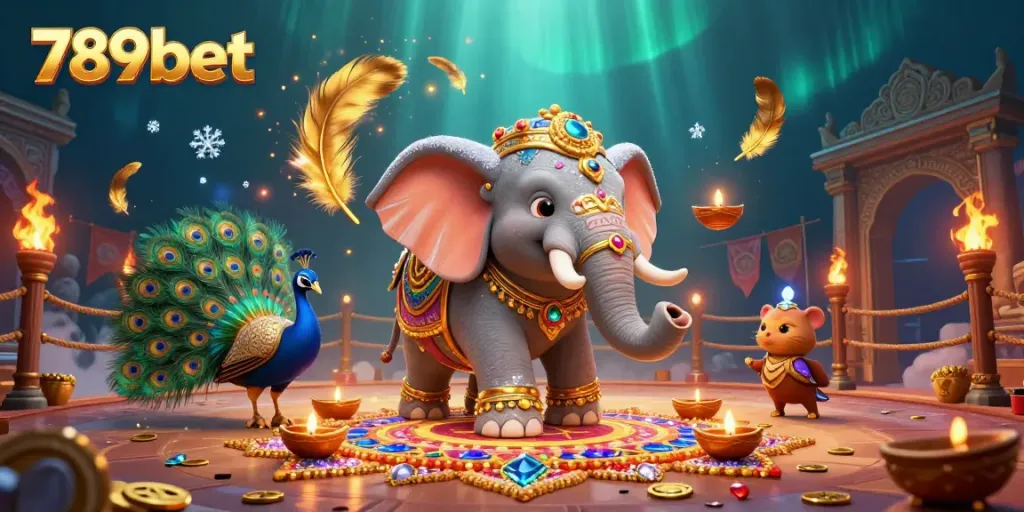 Experience the immersive world of 789bet with our lively 3D casino illustration featuring a festive elephant and peacock.