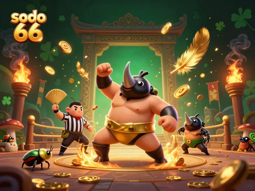 Sodo 66 showcases a vibrant battle scene with a beetle champion, coins, and betting tokens