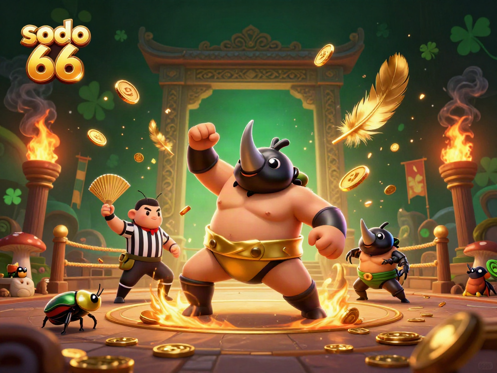 Sodo 66 showcases a vibrant battle scene with a beetle champion, coins, and betting tokens