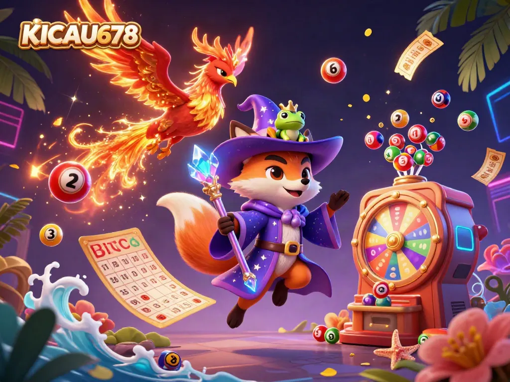 KICAU678 vibrant casino-themed illustration with mystical characters, lottery elements, and dynamic energy.