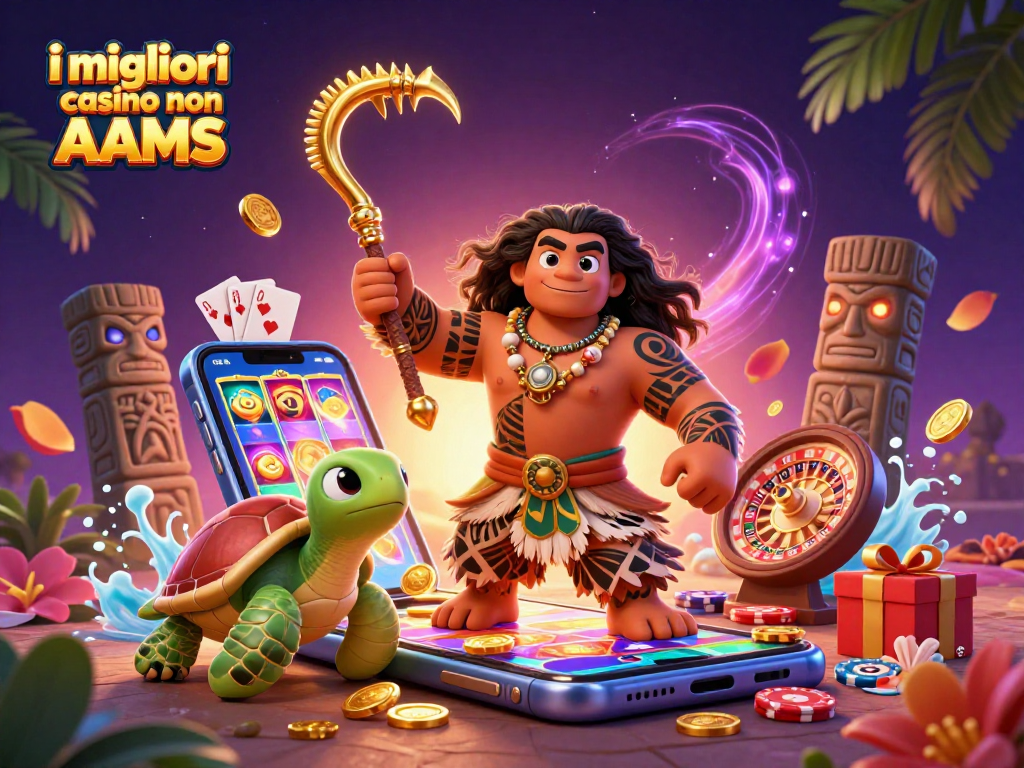 Scopri i migliori casino non AAMS con un'illustrazione vivace di personaggi e giochi d'azzardo virtuali.