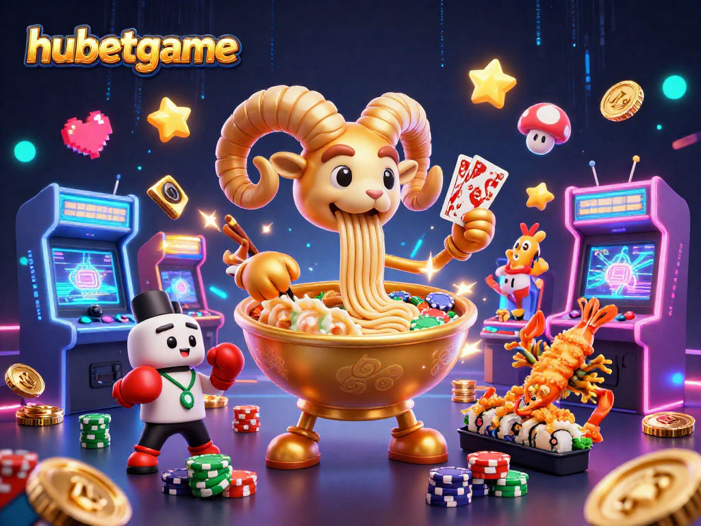 Experience the fun at hubetgame with a vibrant 3D casino illustration featuring lively characters and gaming elements.