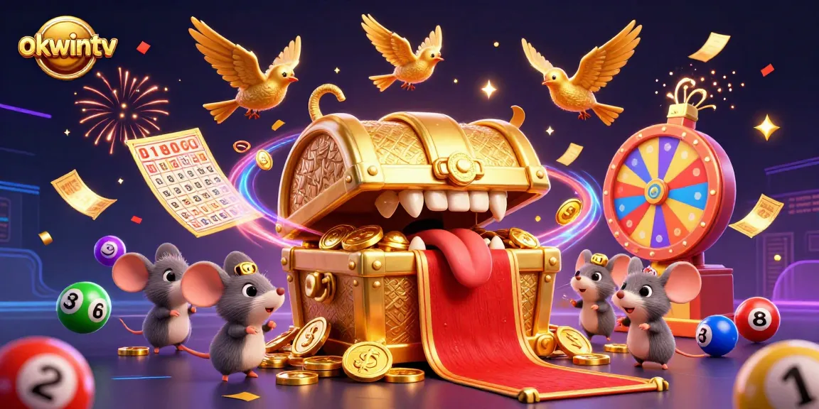 Engage with okwintv as vibrant lottery elements like bouncing balls and prize wheels swirl with celebration confetti.