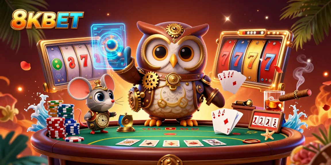 8KBET showcases an exciting and immersive 3D fantasy scene of casino games featuring vibrant characters and gambling elements.