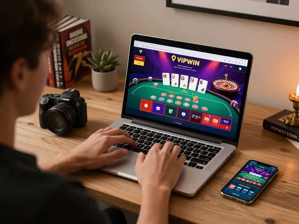 Engaging online gaming scene using VIPWIN on a stylish laptop during a cozy evening for responsible gambling.