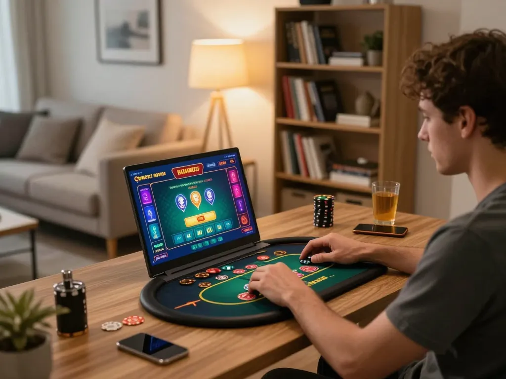 Engaged player enjoying kp88s online gaming on a laptop in a cozy home setting, showcasing interactive casino experience.