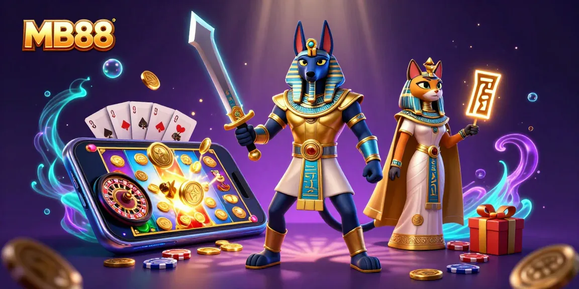 Engage in slots with MB88 as Anubis and Bastet animate the gaming scene.