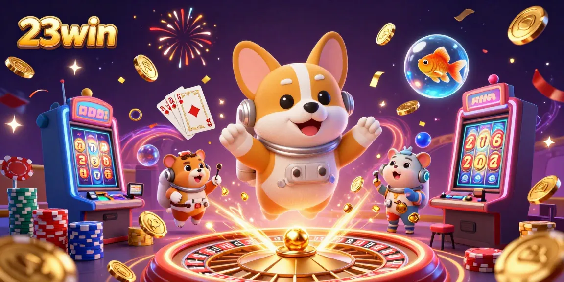 Experience thrilling gameplay at 23win with cartoon astronaut corgi, magical casino backdrop, and sparkling jackpots.