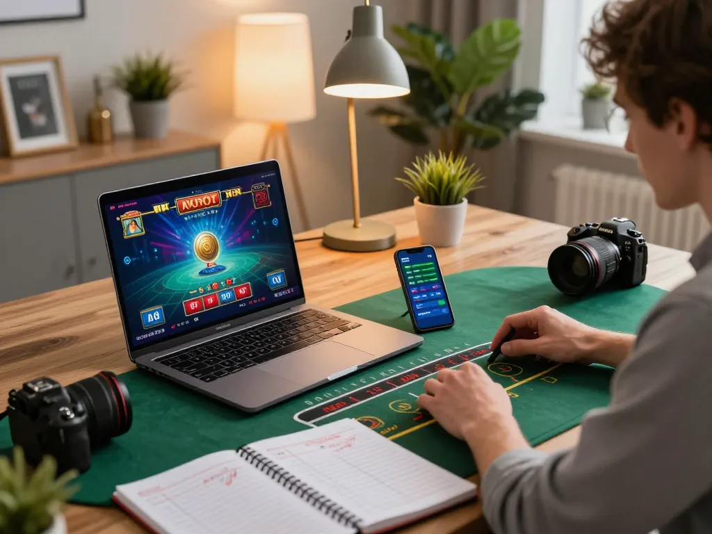 Player engaging in live dealer game at home, showcasing da88gg laptop setup and strategic notes.
