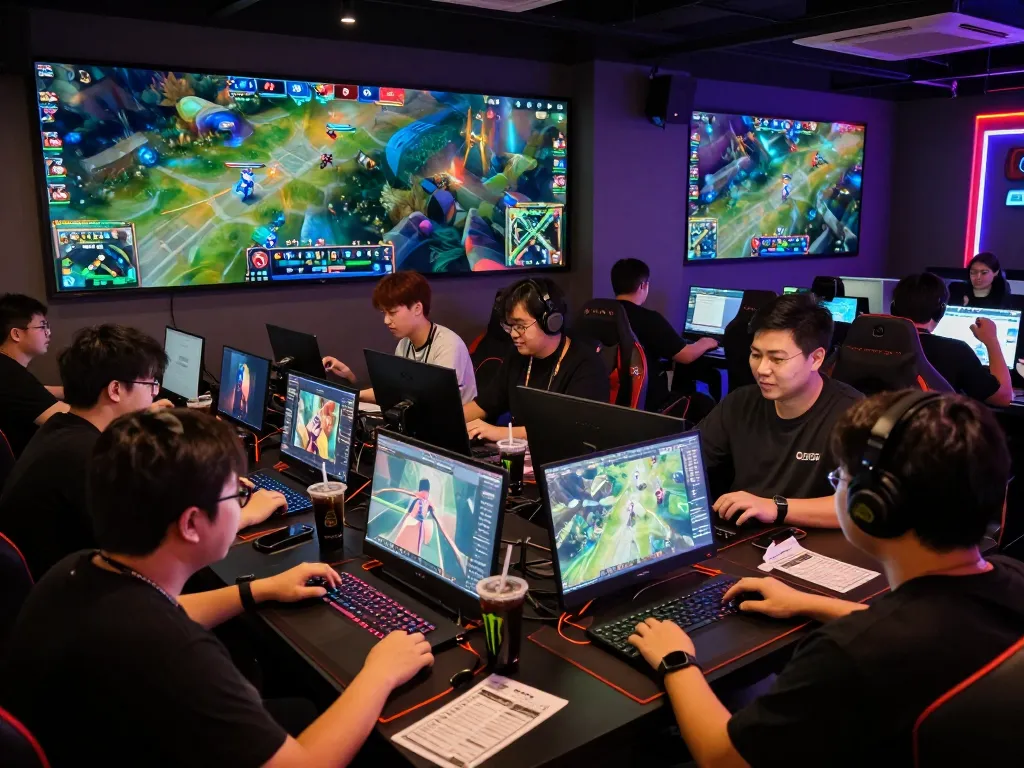 Live esports betting in Singapore showcasing enthusiastic gamers engaged on laptops during thrilling matches