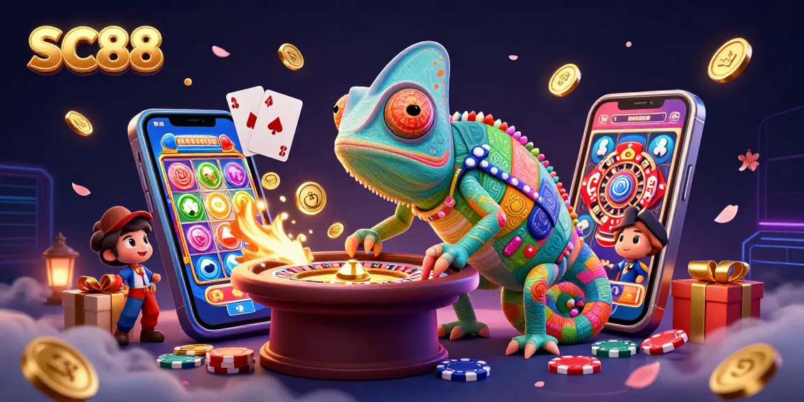 Engage with SC88's unique casino experience featuring a chameleon owner amidst vibrant gaming elements.