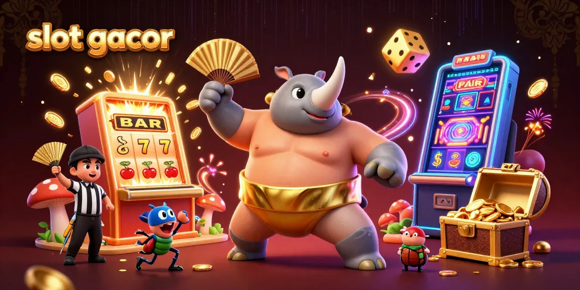 Experience excitement in slot gacor gambling with a dynamic illustration of a sumo beetle champion and casino elements.